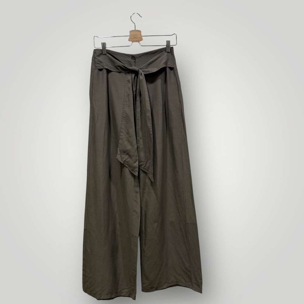 Lurdes Bergada Women Small Wide Leg Linen Blend Tie Waist Pants Barcelona Khaki